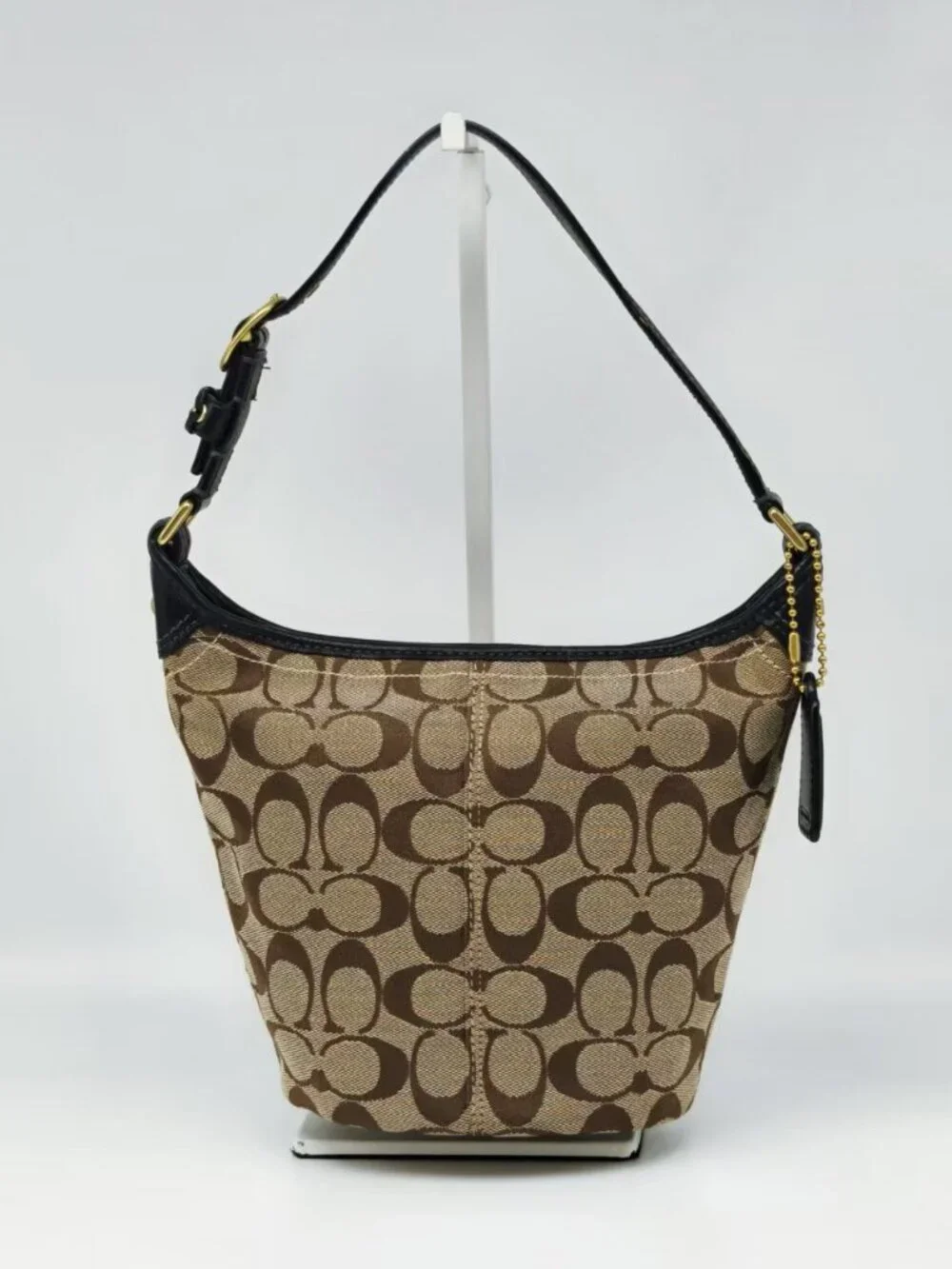 Coach Signature Canvas Shoulder Bag Brown Black Jacquard Zip Hobo Purse